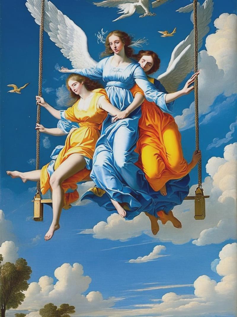 04759-1206464839-two angels raise a woman in 16th century dress on a swing carried by clouds in a sky painted in the style of Nicolas Poussin.png